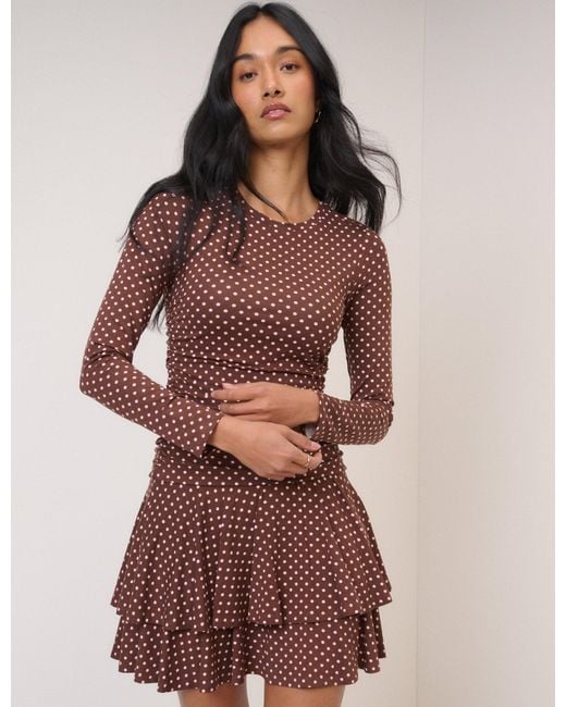 Nobody's Child Brown Polka Dot Long Sleeve Yuki Jersey Mini Dress