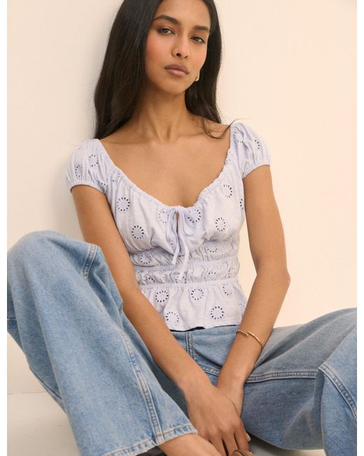 Nobody's Child Blue Broderie Anglaise Shirred Milkmaid Top
