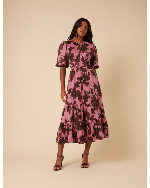 Nobody's Child Pink Floral Puff Sleeve Zelda Midi Dress