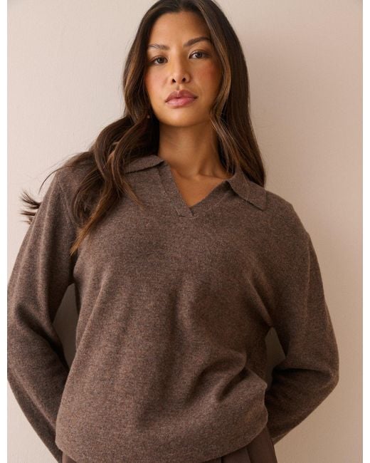 Nobody's Child Brown Chocolate Marl Open Collar Wool Jumper