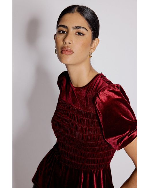 Nobody's Child Red Velvet Puff Sleeve Peplum Top