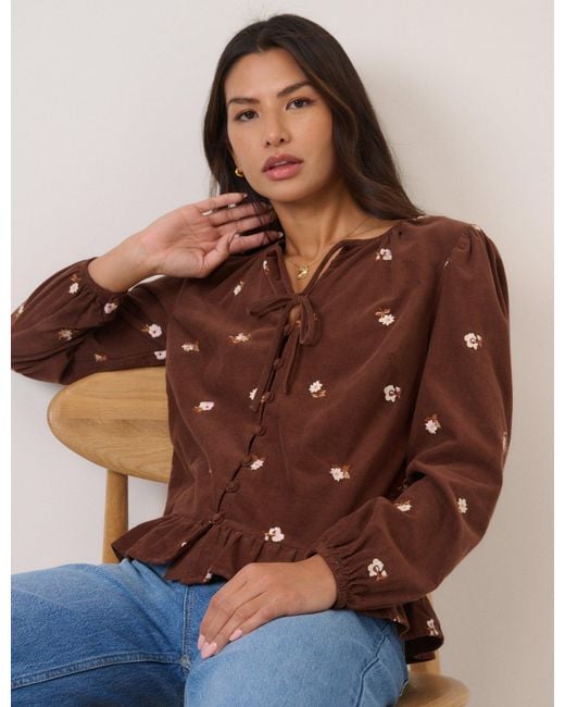 Nobody's Child Brown Cord Floral Embroidered Frill Blouse