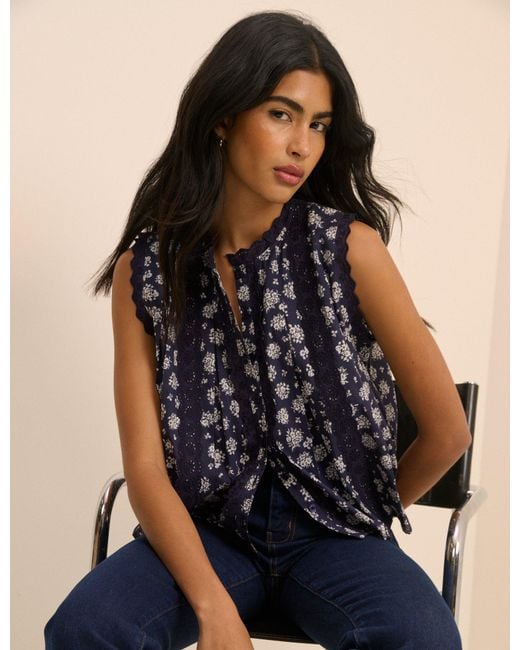 Nobody's Child Blue Floral Broderie Anglaise Trim Blouse