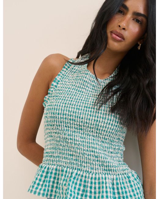 Nobody's Child Blue Gingham Shirred Halterneck Tizzy Top
