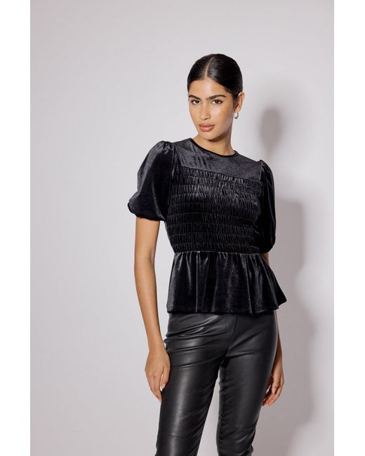 Nobody's Child Black Velvet Puff Sleeve Peplum Top