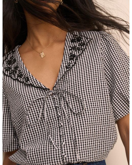 Nobody's Child Gray And Gingham Puff Sleeve Isla Top