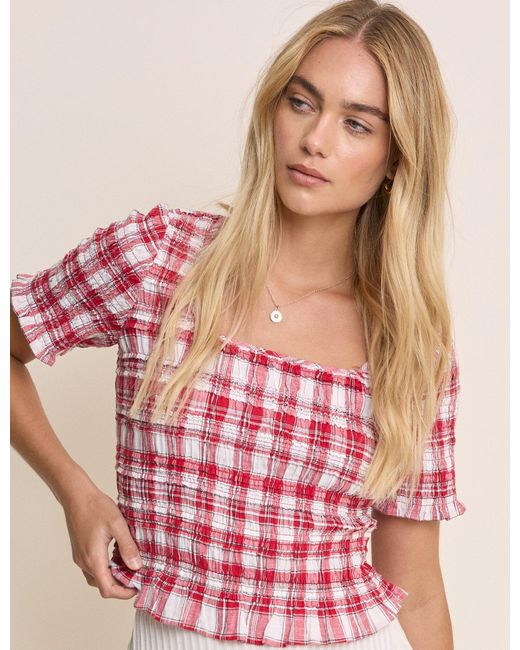 Nobody's Child Pink Check Shirred Frill Trim Top