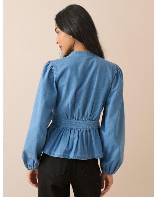 Nobody's Child Blue Mid-Wash Pintuck Denim Blouse