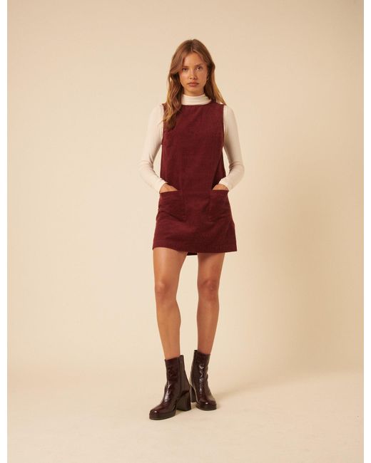 Nobody's Child Natural Burgundy Cord Chiara Pinafore Mini Dress