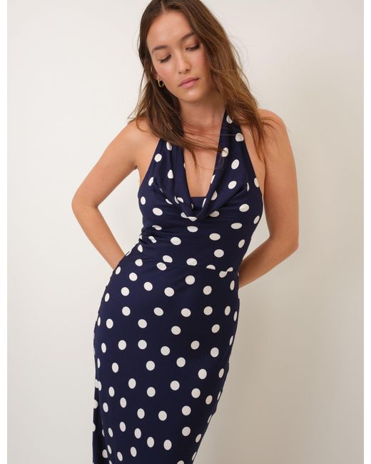 Nobody's Child Blue Polka Dot Cowl Halterneck Dolly Maxi Dress