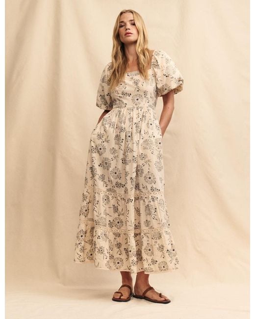 Nobody's Child Natural Floral Puff Sleeve Whitley Midi Dress