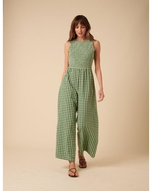 Nobody's Child Green Gingham Shirred Ruth Jumpsuit