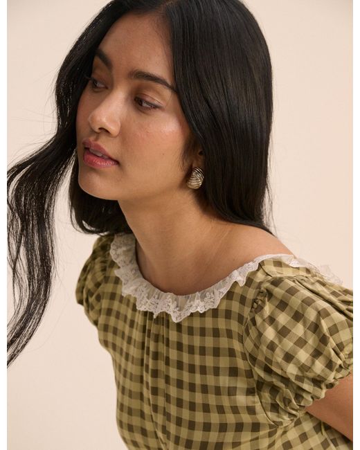Nobody's Child Natural Gingham Puff Sleeve Marianna Midi Dress