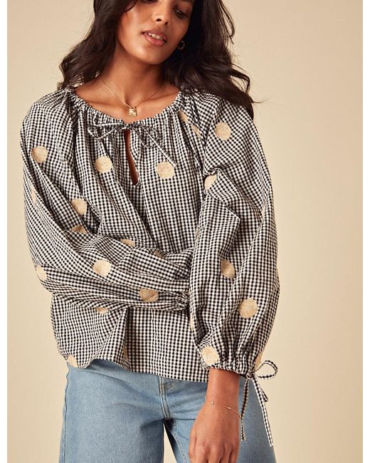 Nobody's Child Brown Gingham Shell Embroidered Poet Blouse