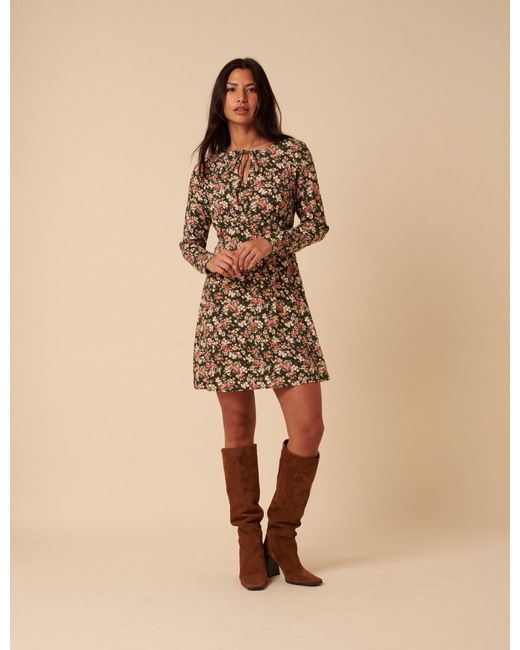 Nobody's Child Natural Ditsy Floral Long Sleeve Tessa Mini Dress