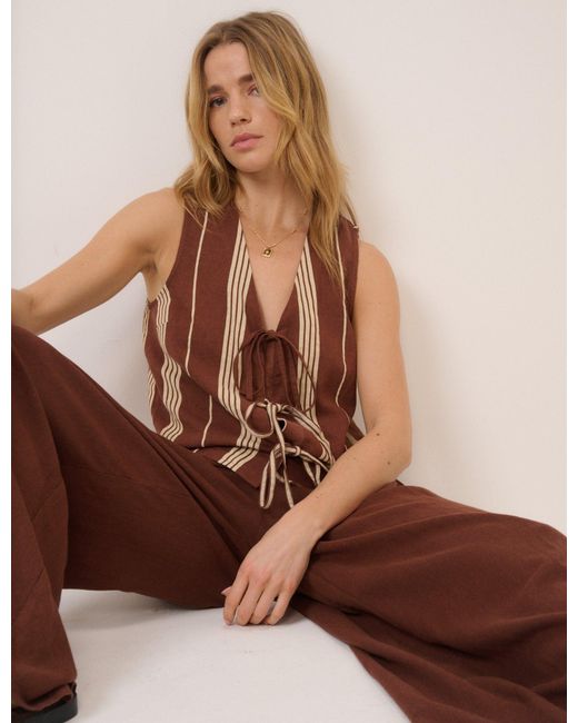 Nobody's Child Brown Striped Linen-Blend Tie Front Tessa Top
