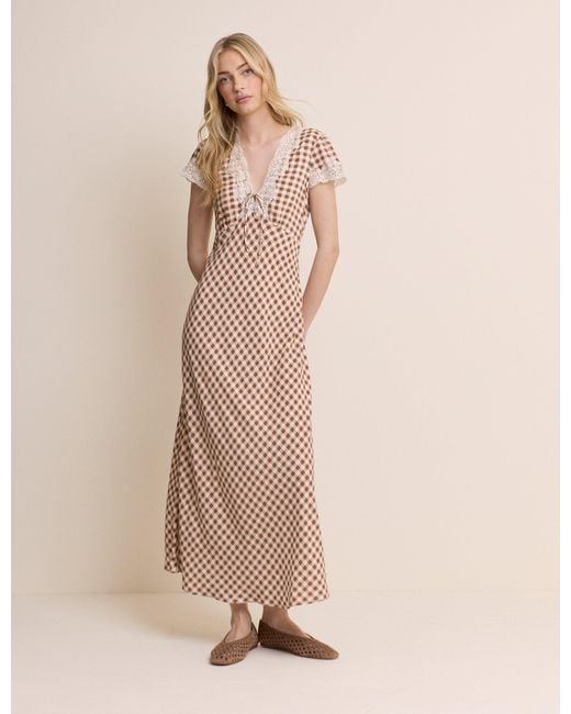 Nobody's Child Natural Gingham Lace Trim Aida Midi Dress