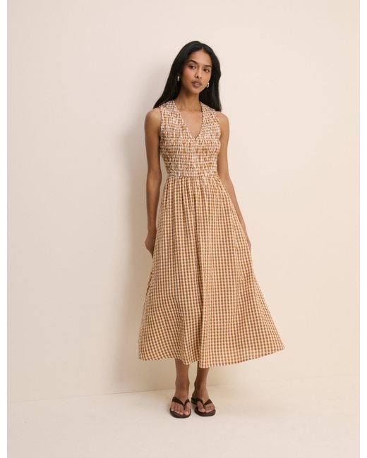 Nobody's Child Natural Gingham Shirred Audrey Midi Dress