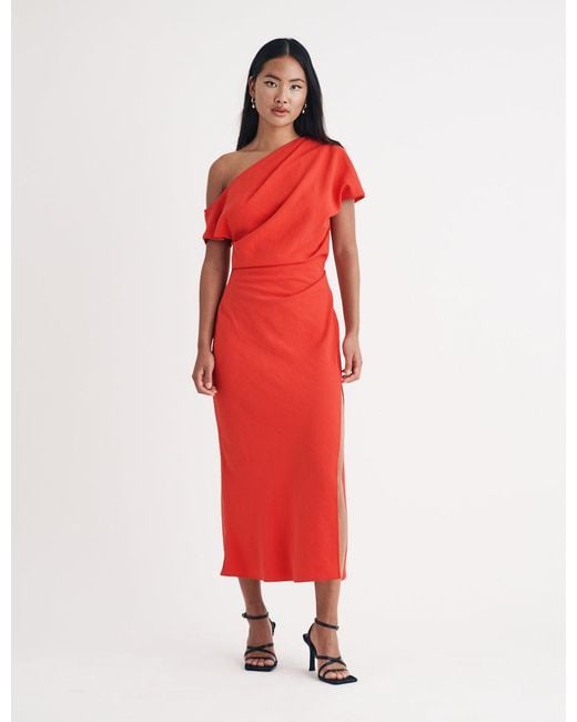 Nobody's Child Red Draped Off Shoulder Katty Midi Dress