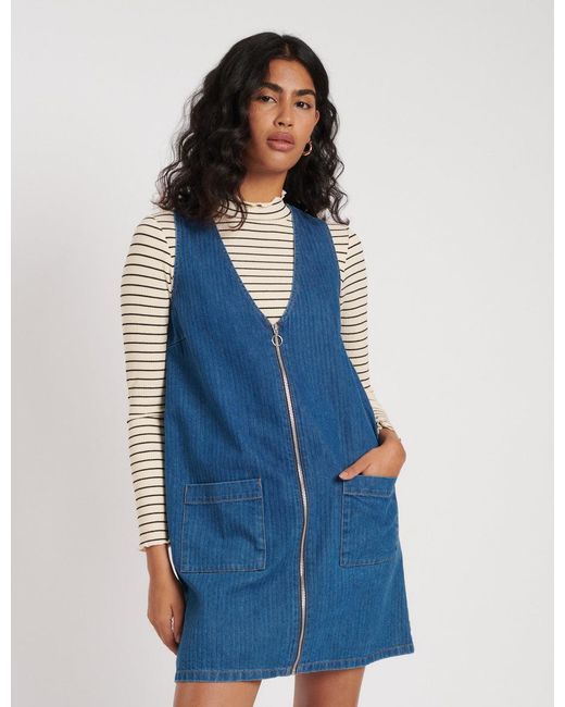 Nobody's Child Blue Denim Zip Through Dresden Mini Pinafore Dress
