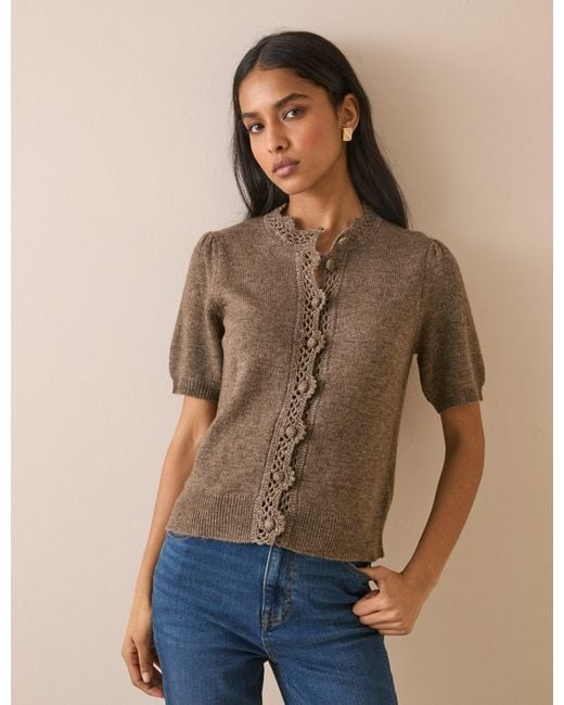 Nobody's Child Natural Wool-Blend Crochet Trim Cardigan