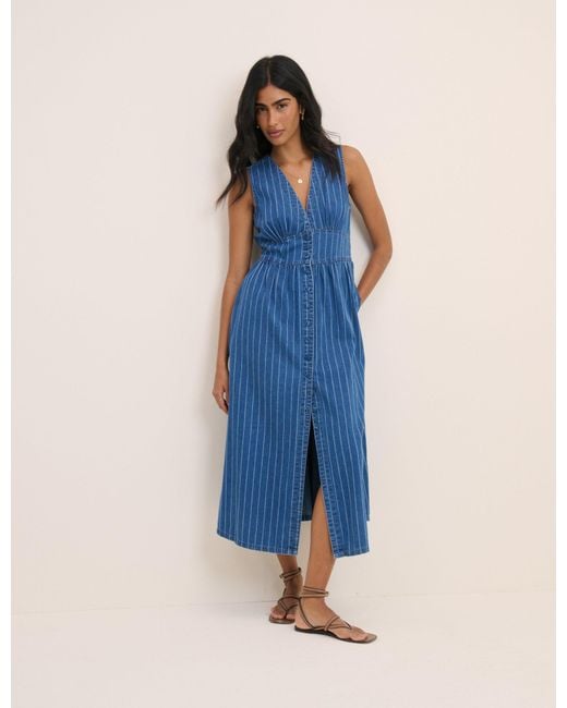 Nobody's Child Blue Denim Sleeveless Pinstripe Starlight Midi Dress
