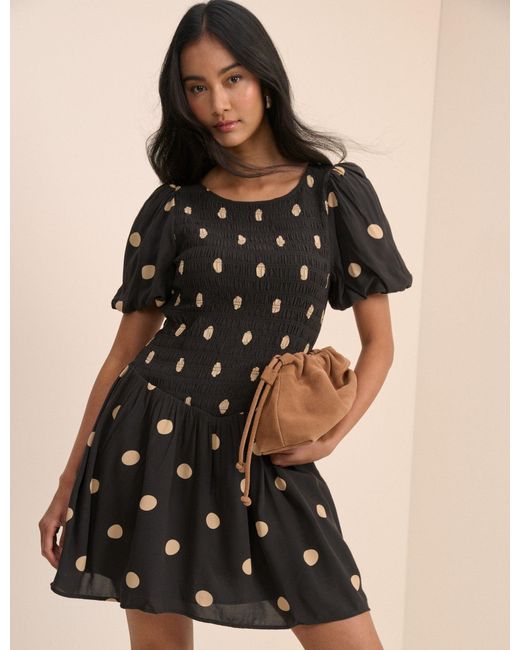 Nobody's Child Black Polka Dot Shirred Landy Mini Dress