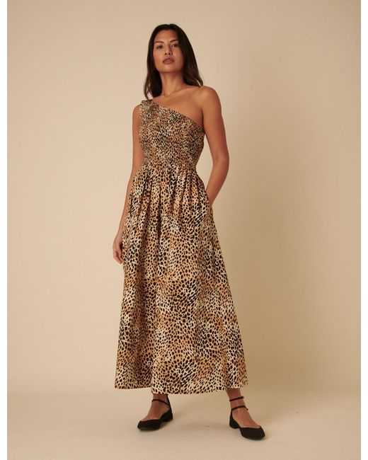 Nobody's Child Natural Leopard Print One Shoulder Georgia Midi Dress