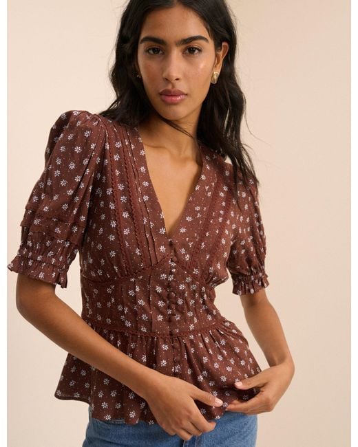 Nobody's Child Brown Ditsy Floral Puff Sleeve Seren Blouse