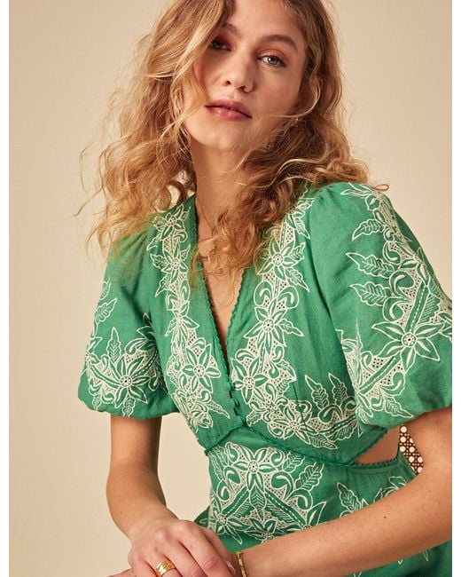 Nobody's Child Green Linen-Blend Floral Embroidered Nicky Midi Dress