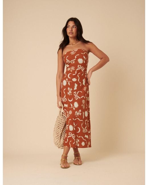 Nobody's Child Black Printed Linen-Blend Bandeau Evie Midi Dress
