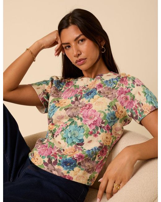 Nobody's Child Multicolor Floral Knitted Short Sleeve Top