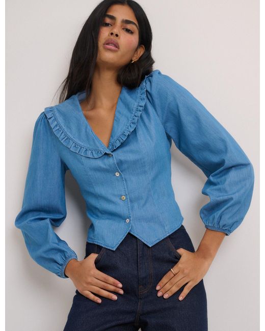 Nobody's Child Blue Denim Frill Long Sleeve Blouse