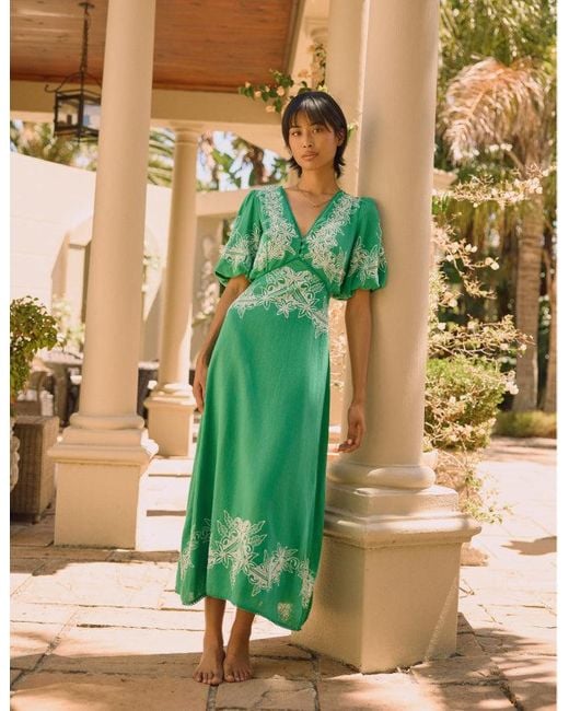 Nobody's Child Green Linen-Blend Floral Embroidered Nicky Midi Dress