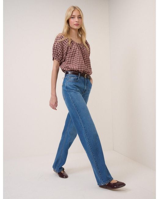 Nobody's Child Pink Check Puff Sleeve Button Front Top