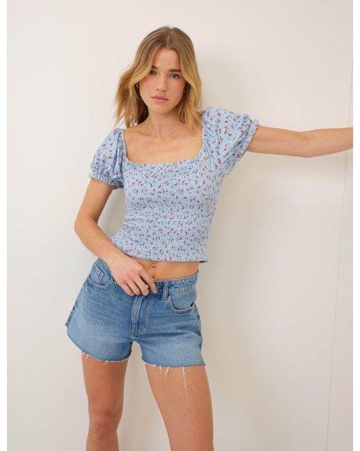 Nobody's Child Blue Floral Shirred Square Neck Top