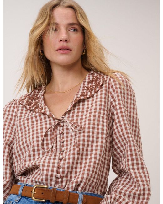 Nobody's Child Blue Gingham Embroidered Floral Collar Blouse