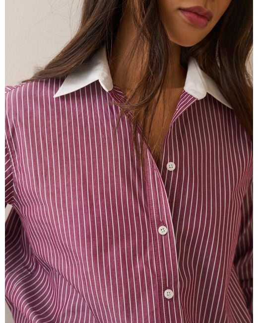 Nobody's Child Purple Burgundy Pinstripe Contrast Collar Shirt