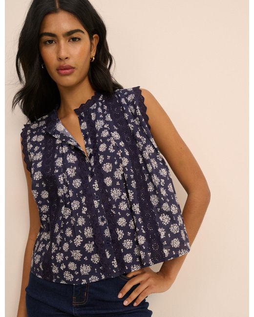 Nobody's Child Blue Floral Broderie Anglaise Trim Blouse