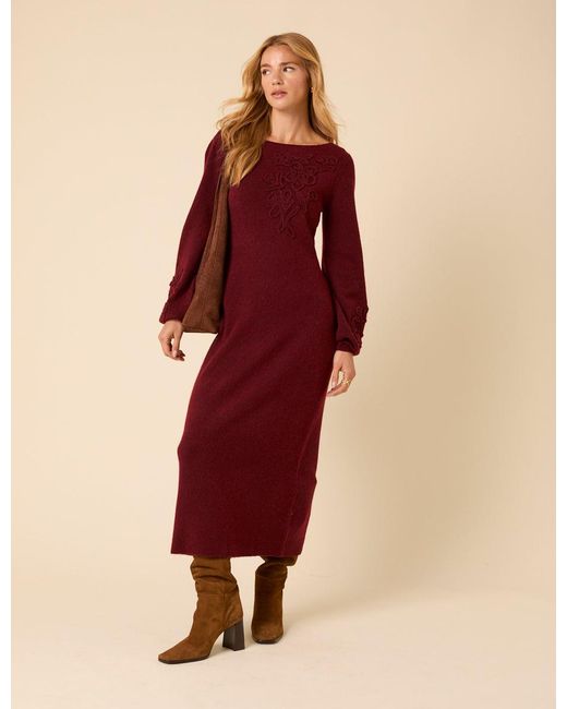 Nobody's Child Burgundy Floral Embroidered Knitted Long Sleeve Midi Dress