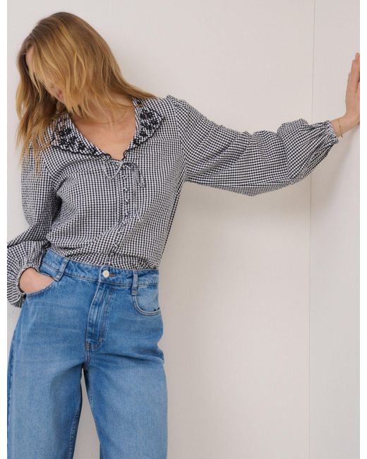 Nobody's Child Gray Gingham Embroidered Floral Collar Blouse