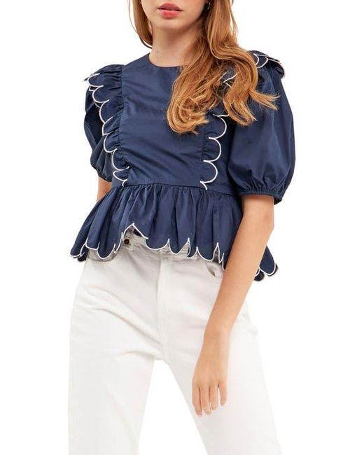 English Factory Blue Contrast Scalloped Trim Cotton Top