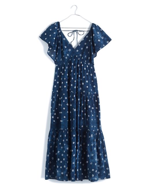 Madewell Blue Shibori Tie Back Tiered Cotton Midi Dress