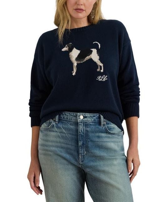 Ralph Lauren Women's Blue Intarsia Beagle Cotton Sweater