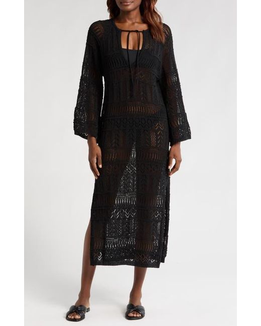 Elan Black Lace Knit Long Sleeve Cover-Up Midi Dress