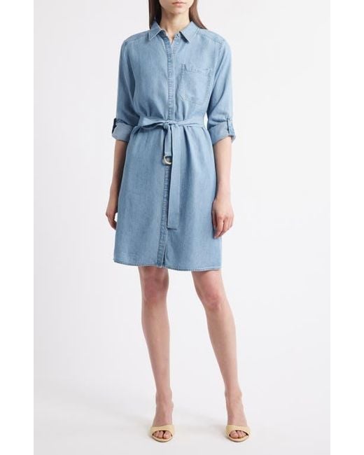 Kobi Halperin Blue Tie Waist Button Front Long Sleeve Chambray Dress
