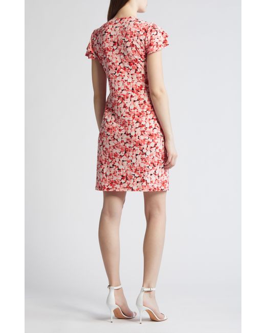 Anne Klein Red Abstract Floral Flutter Sleeve Wrap Dress