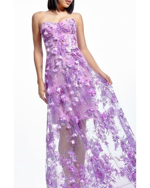 Dress the Population Purple Melissa Sequin Floral Appliqué Strapless Gown