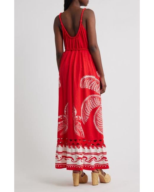 Farm Rio Red Majestic Coconut Tree Linen Blend Midi Dress