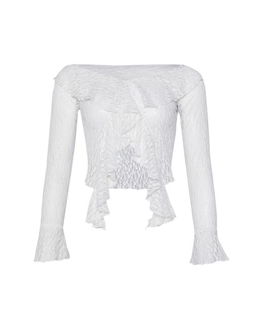 Nasty Gal Natural Sheer Lace Ruffle Off The Shoulder Crop Top